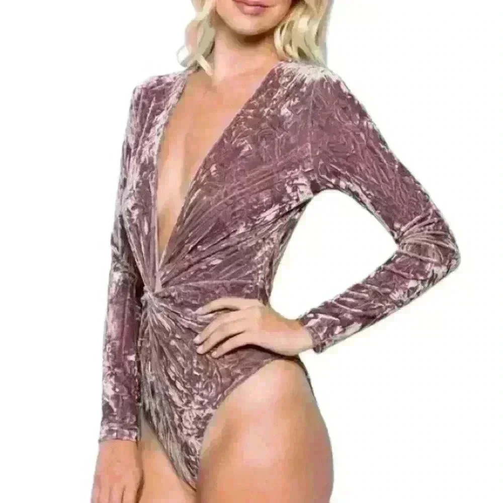 Makers of Dreams Velvet Bodysuit M, Plunge Neck, Twist Front, Boho Chic Sexy Top - Picture 13 of 16